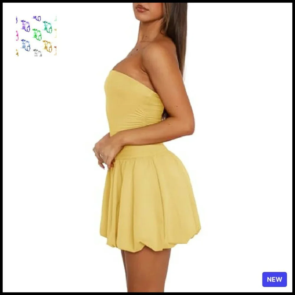 Tube Top Mini Bubble Dress Sleeveless Backless Sexy Bodycon Ruched Party - Picture 3 of 7